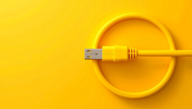 Yellow USB cable with connector and cord coiled in circle isolated
