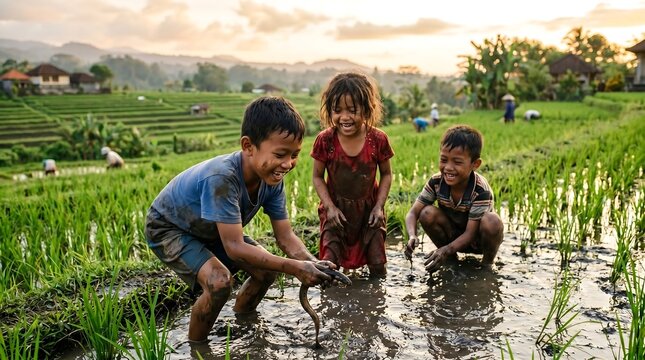 Happy Children Playing Together in Rice Field - Group of cheerful children play barefoot and try to catch rice paddy eels at sunset, capturing an authentic rural childhood and fun outdoor adventure.