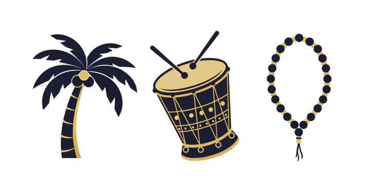 Flat vector illustration of tropical palm tree traditional drum and prayer beads isolated on white
