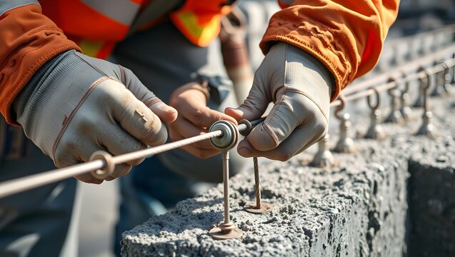 Hands securing steel reinforcement rods with wire inside a column footing cage.