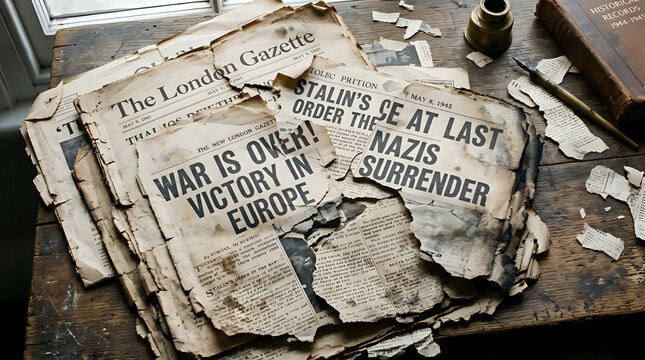 Torn newspaper headlines announcing end of World War II in Europe on a wooden table