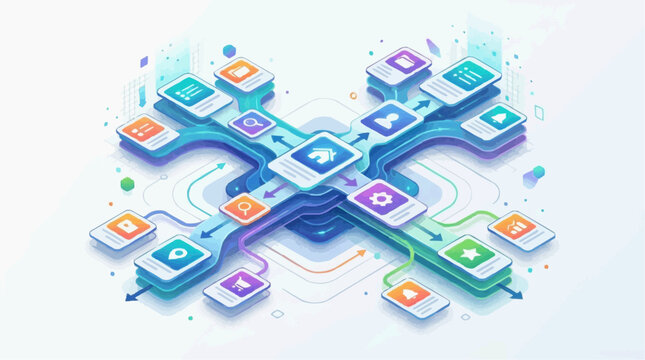 Abstract digital network connecting various application icons and data flow in isometric perspective with futuristic elements