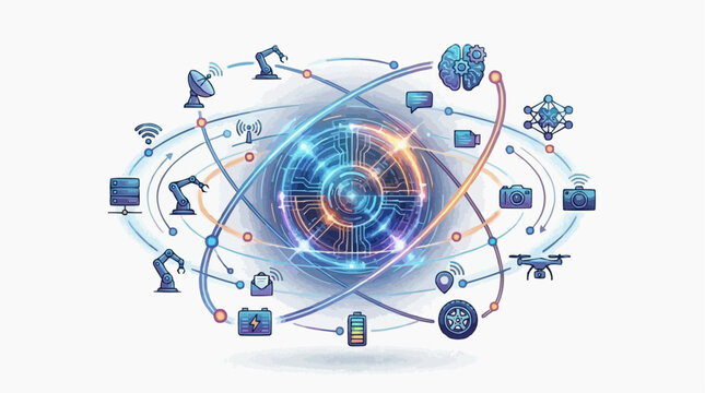 Digital network connecting smart devices and AI with central processing unit and robotic arms for industry automation