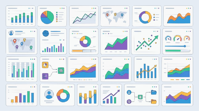 A collection of diverse data visualizations, including bar charts, pie charts, line graphs, and flowcharts, presented in a grid layout
