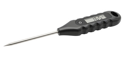 Fototapeta premium A black digital thermometer with a silver probe on a clean transparent background