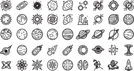 Galaxy and Space Icon Set Featuring Planets, Stars, Black Holes, Nebula, Asteroids, and Astronomy Science Symbols © Maunsura