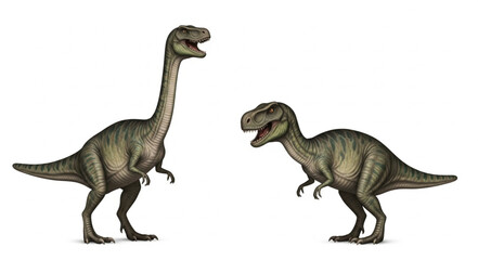 Two dinosaurs standing and roaring on white background. © Turun