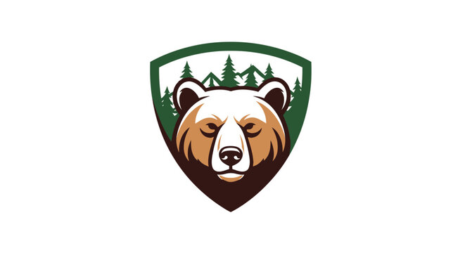 Brown bear head in shield logo.