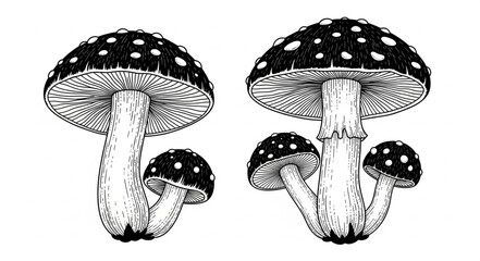 Two detailed illustrations of spotted mushrooms. © Turun