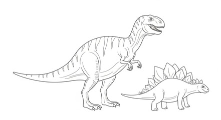 Two Dinosaur Illustrations T Rex and Stegosaurus Line Art. © Turun