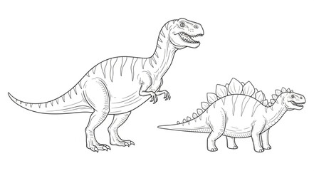 Two dinosaurs drawn in black and white outline style. © Turun