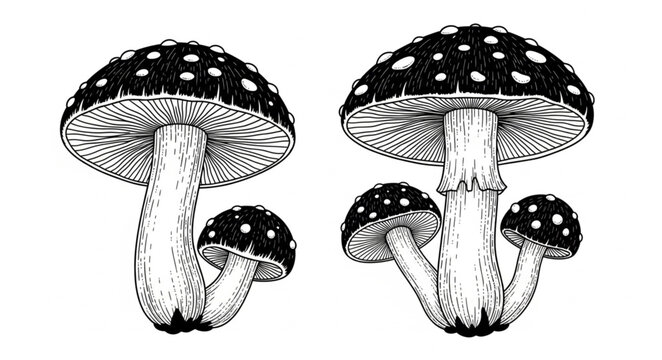 Two detailed illustrations of spotted mushrooms.