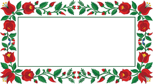 Hungarian Folk Art Rectangular Border Frame Vector Design Featuring Traditional Red Flowers Tulips and Green Leaves on White Background