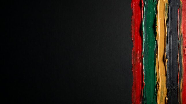 Juneteenth inspired vertical paint texture stripes in red black green and gold on dark background with copy space.