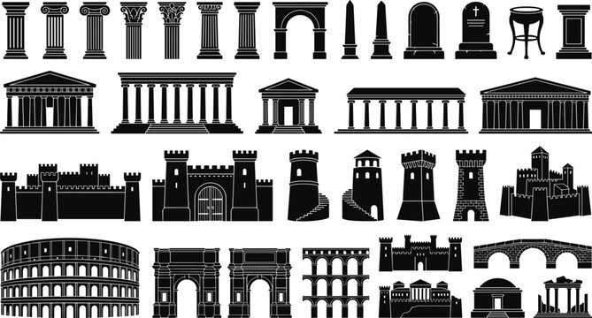 Classical and medieval architecture vector silhouettes featuring columns, arches, castles, temples, towers, bridges, and fortresses