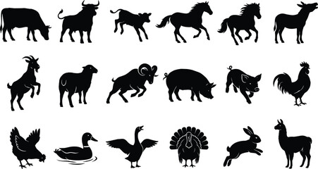 Fototapeta premium Farm animal silhouette vector set featuring cow, horse, pig, sheep, goat, poultry, rabbit, and llama illustrations