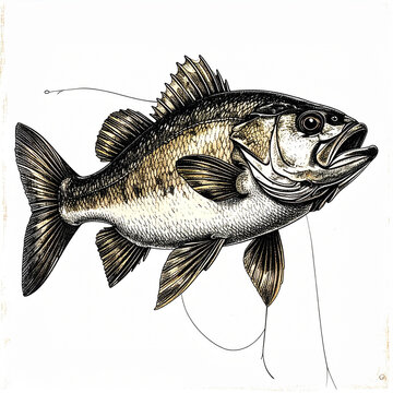 Detailed illustration of a largemouth bass fishing