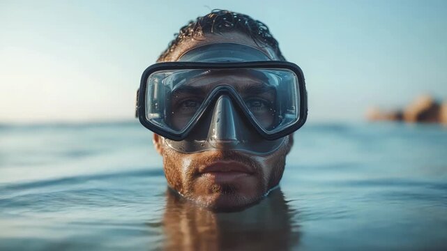 A scuba diver with a mask emerges from ocean water. The blue sea and sky meet at the horizon