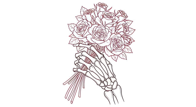 Skeleton Hand Holding Rose Bouquet - Dark Romance Illustration