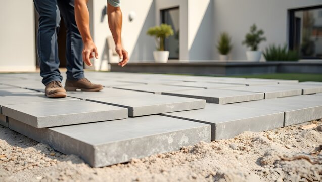 Skilled hands laying gray concrete pavers in a house courtyard on leveled sand base, daylight, crisp texture.