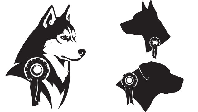 Dog Head Silhouettes with Circular Rosette Badges for Teamwork, Police Style Icons, and Vector Mascot Branding
