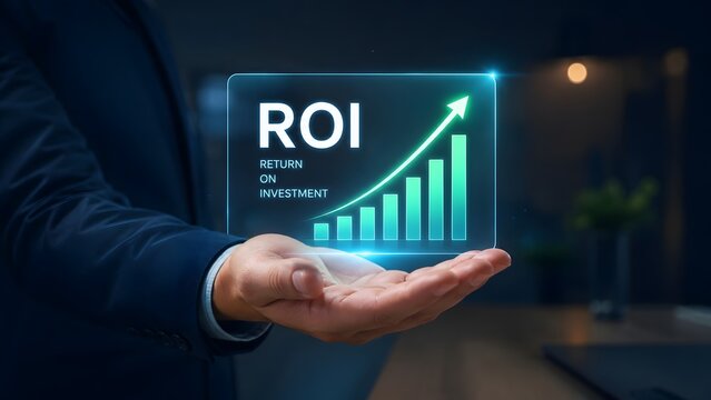 Businessman presenting glowing return on investment roi text and upward chart representing financial success