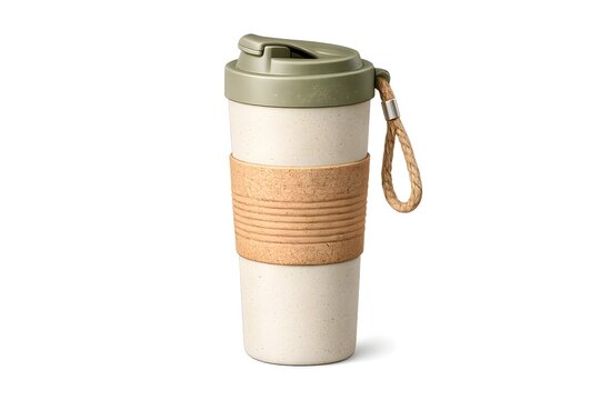 Eco friendly reusable coffee cup with cork sleeve and green lid on isolated white background