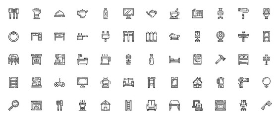 Home stuff icon set. Minimal line icons pack. Includes kitchen, coffee, bedroom, living room, gardening, home repair, shower, TV, phone, chair, bookcase, grocery, and more. Editable stroke. © wang