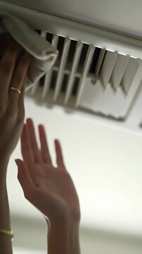 Hand cleaning a ceiling air vent with a cloth.