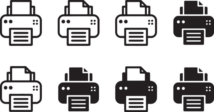 Set of eight modern inkjet printers in various styles and perspectives isolated on transparent background