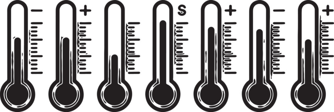 Set of thermometer icons showing different temperature levels and fever stages isolated on transparent background