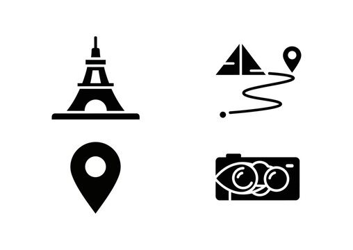 Travel and tourism vector icons, representing landmarks, navigation, and photography for vacation planning