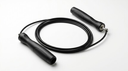 Fototapeta premium Black speed jump rope with black handles, isolated on a clean white background, ideal for fitness and exercise routines