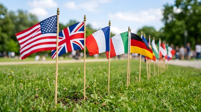 Row of international flags waving in the wind on sunny grassy field outdoor