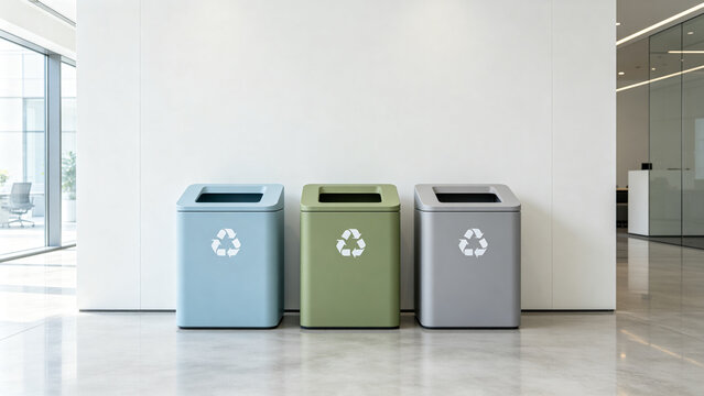 Three Modern Minimalist Recycling Bins for Waste Sorting in Clean Office Environment