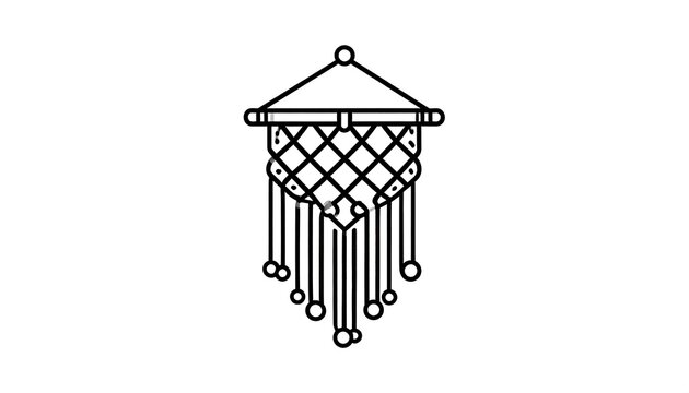 Black and white line art of a geometric, diamond-patterned wall hanging, with a triangular top and dangling threads with circular accents
