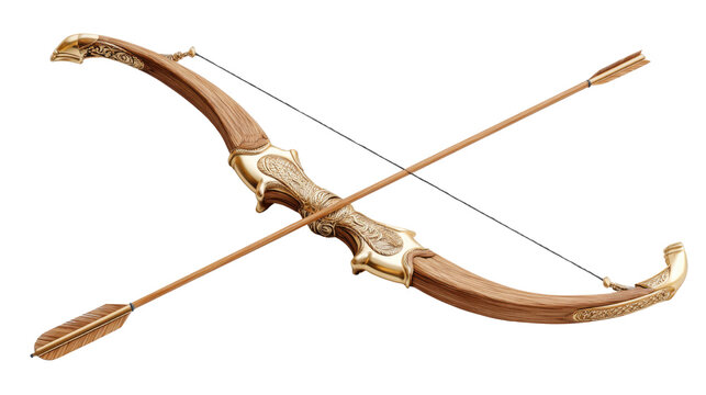 Ornate medieval wooden bow with detailed golden carvings and arrow traditional hunting weapon antique fantasy design isolated on white background