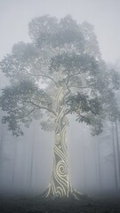 Obraz premium Glowing Ethereal Magic Tree In Mystical Foggy Forest.