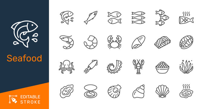 Seafood thin line icon collection for fish, restaurant, marine menu and ocean food concept. Editable stroke. Pixel perfect.