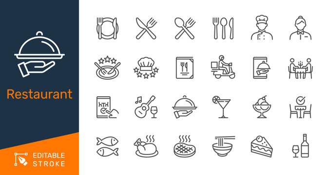 Restaurant thin line icon collection for food delivery, dining menu, chef cafe and catering service concept. Editable stroke. Pixel perfect.