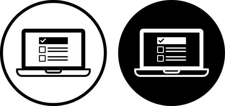 Laptop computer icon with checklist on screen, online survey or exam concept