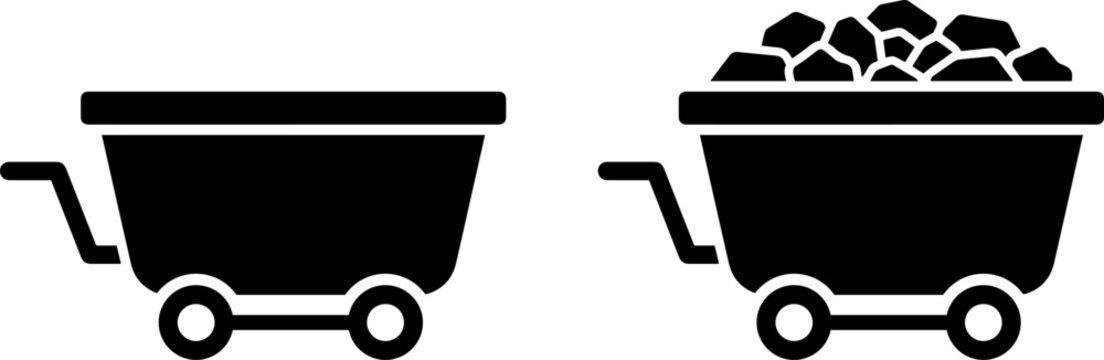 Set of mine cart icons, empty and full of coal
