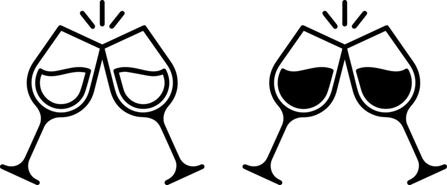 Two wine glasses clinking together, celebration toast icon set