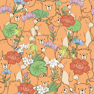 Cute funny brown teddy bear cartoon with flower seamless patternrn