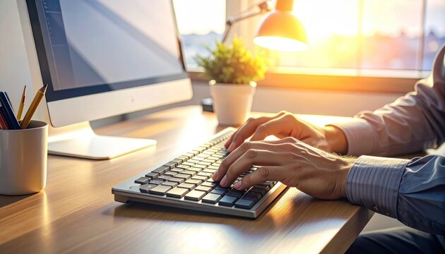 Close-up of hands typing on a computer keyboard in a sunlit office with a modern monitor and desk lamp