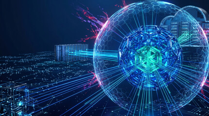 Fototapeta premium Futuristic cyber security concept with digital network shield, cloud database and neon lock