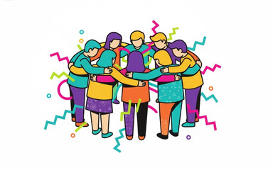 Fototapeta premium Illustration of a diverse group of people hugging and celebrating together surrounded by colorful confetti and zig-zag lines
