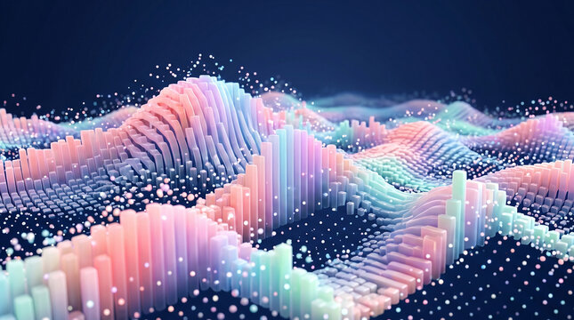 Abstract 3D data wave background with colorful geometric blocks and particle points
