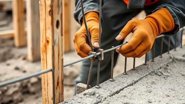 Hands securing rebar intersections with binding wire on a concrete foundation grid.