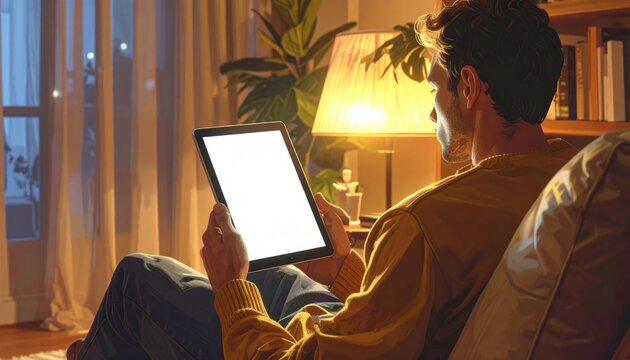 Man relaxing on sofa holding a tablet with a blank screen in a cozy dimly lit room